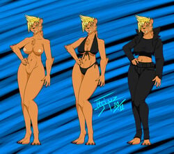 bikini blonde_hair breasts clothing fangs feline female hair jacket model_sheet nipples nude pants pose pussy saber_tooth_tiger shirt skimpy solo