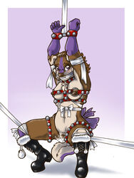 anthro bells belly bondage boots bound bows breasts canine chest_ruff chubby dripping farellemoon female fur furry gag gagged missoro purple purple_eyes pussy ribbon solo