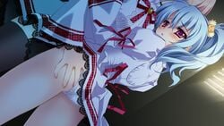 1boy ass ass_grab blue_hair blush cube_(alma) cube_(artist) female game_cg hase_nanami kaburaki_ryuusei kimi_to_boku_to_eden_no_ringo panties purple_eyes school_uniform seifuku side_ponytail thighhighs trap underwear white_panties