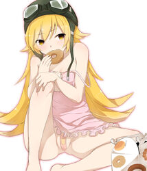 bakemonogatari bandaid bandaid_on_pussy blonde_hair cute_fang donut doughnut eating goggles minazuki_randoseru monogatari_(series) oshino_shinobu yellow_eyes