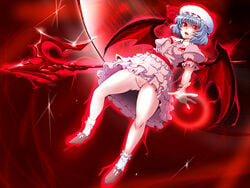 alternate_weapon bat_wings blue_hair dress frills full_moon hat moon no_panties nopan polearm pussy pussy_juice red_eyes red_moon remilia_scarlet sako_(bosscoffee) solo spear spear_the_gungnir touhou uncensored underwear weapon wings