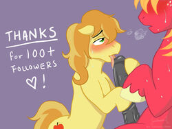 2012 big_macintosh_(mlp) big_penis black_penis blush braeburn_(mlp) colt earth_pony equine erection friendship_is_magic fur furry furry_only green_eyes horse licking male male_only multiple_males my_little_pony no_humans oral penis pony sex shy smooth_skin tongue yaoi