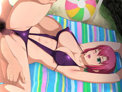 censored erect_nipples green_eyes one-piece_swimsuit pointy_chin red_hair rio_rollins sling_bikini sling_bikini_aside super_blackjack wink