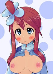 blue_eyes blush breasts female female_only gym_leader human instant_coffee nipples pokemon pokemon_bw red_hair side_ponytail skyla_(pokemon) solo