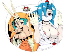 +_+ 2girls artist_request big_boobs big_breasts blue_hair boobies breasts cerebella character_request cleavage collarbone cross-shaped_pupils cross_pupils curvy exposed_breasts eye_patch gloves large_breasts latex_gloves missing_eye ninja nipples nurse nurse_cap nurse_hat nurse_uniform pale pale-skinned_female pale_skin red_eyes skullgirls surgical_gloves surgical_mask tied_hair tits valentine_(skullgirls) vice-versa visible_nipples white_clothing white_gloves