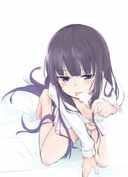 barefoot cum dress_shirt face fellatio foreshortening hands highres hope_yakisoba inu_x_boku_ss invisible_penis long_hair navel oral panties pink_panties purple_hair shirakiin_ririchiyo shirt solo underwear