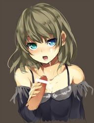 aqua_eyes blonde_hair blue_eyes censored cum facial heterochromia idolmaster idolmaster_cinderella_girls looking_at_viewer off_shoulder open_mouth penis short_hair takagaki_kaede unasaka_ryou