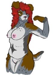 anthro breasts canine chubby curly_hair dapple female flynx-flink fur furry hair_over_eyes nude plain_background pussy red_hair solo white_background