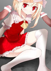 ascot blonde_hair blush censored female flandre_scarlet hat high_resolution oouso_(usotsukiya) penis red_eyes scan short_hair side_ponytail sitting skirt skirt_set slit_pupils solo thighhighs touhou white_legwear