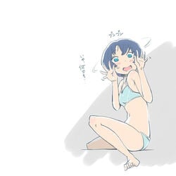 ano_natsu_de_matteru bikini blue_eyes blue_hair lowres nekomasu pussy_juice shaking_head short_hair sitting solo sweatdrop swimsuit tanigawa_kanna toe_scrunch translated