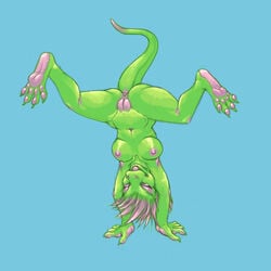 anthro anus blue_background breasts closed_eyes female lizard nude pira plain_background pussy scalie solo spread_legs spreading upside-down