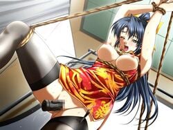 armpits arms_up black_eyes blush bondage censored chinadress chinese_clothes dildo from_below hair_ribbon leg_up long_hair nipples no_bra nopan open_mouth oppai ponytail pussy_juice ribbon rope thighhighs tied_hair vagina vibrator wink