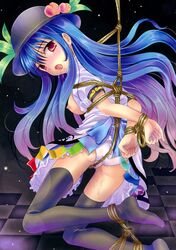 arms_behind_back black_thighhighs blue_hair bondage crotch_rope food food_as_clothes fruit hat motatei panties peach_(fruit) red_eyes rope solo tenshi_hinanawi thighhighs touhou white_panties