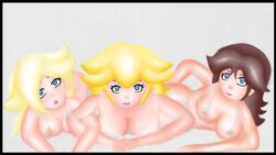 3girls artist_request ass ass_grab big_breasts bikini blonde_hair blue_eyes breasts brown_hair female female_only hair human large_breasts looking_at_viewer lying mario_(series) miiverse multiple_girls nintendo open_mouth princess princess_daisy princess_peach princess_rosalina smile smiling