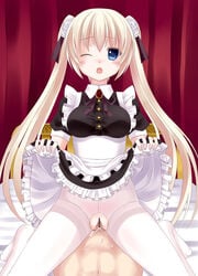 blue_eyes censored ikeda_yuuki long_hair maid no_panties original pantyhose sex skirt skirt_lift tied_hair torn_pantyhose twintails wink