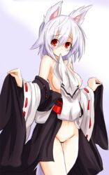 1girls alternate_costume animal_ears bare_shoulders blush breasts censored detached_sleeves female fur highres kourindou_tengu_costume momiji_inubashiri mound_of_venus mouth_hold nipples pussy_juice red_eyes silver_hair solo tail topless touhou wide_sleeves wolf_ears wolf_tail yu-ves