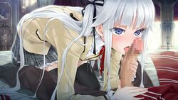 1boy 1girls bed bishoujo_mangekyou blazer blouse blue_eyes blush censored clothing fangjob fangs fellatio female hair hair_ribbon handjob happoubi_jin kagarino_kirie long_hair male necktie oral penis plaid precum school_uniform silver_hair skirt straight vampire