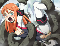 aqua_eyes blush bodysuit cameltoe chiara_ferina element_hunters flat_chest long_hair long_orange_hair makino_tomoyasu nipples open_mouth orange_hair peeing pettanko pussy_juice rape restrained scared skin_tight slime spread_legs sweat tear tentacle tongue torn_clothes urine