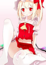 arm_support ascot blush condom condom_in_mouth cum cum_on_body female flandre_scarlet hat high_resolution looking_at_viewer midriff mouth_hold navel oouso_(usotsukiya) panties pantyshot red_eyes scan side_ponytail sitting skirt skirt_set slit_pupils solo thighhighs touhou underwear used_condom white_legwear white_panties wings young