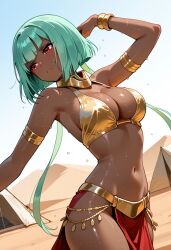 ai_generated dancing dark-skinned_female desert emerald_sustrai female gold_bikini_top gold_jewelry green_hair harem_outfit red_eyes red_skirt rwby sweating