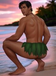 actor ai_assisted ai_generated back_muscles beach_background black_hair brown_eyes butt covered_ass david_kawena disney drawnpr0n hawaiian_male in_character kaipo_dudoit lilo_and_stitch lilo_and_stitch_(2025) looking_at_viewer male male_only muscles muscular muscular_male polynesian polynesian_male toned_body