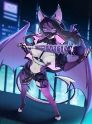 absurd_res animal_genitalia animal_penis anthro areola baseball_bat bat bat_(object) belt big_breasts blue_body bottomwear breasts canine_genitalia claws clothed clothing collar cybernetics cyberpunk digital_media_(artwork) disease_dis ear_piercing erection female fishnet_clothing fishnet_legwear fishnet_topwear fur futanari gas_mask genitals glowing glowing_eyes glowing_markings green_eyes hair hi_res intersex knot knotted_penis legwear looking_at_viewer machine mammal markings mask membrane_(anatomy) membranous_wings neon night nipple_piercing nipples nude penis piercing purple_body sherrona smile solo tail topwear torn_clothing weapon white_body wings
