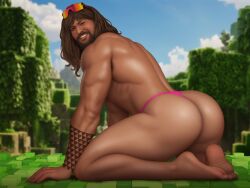 1boy 1male a_minecraft_movie actor ass bara bara_ass bubble_ass bubble_butt celebrity drawnpr0n garrett_"the_garbage_man"_garrison in_character jason_momoa long_hair long_hair_male looking_at_viewer male male_only minecraft minecraft_background movie muscles muscular muscular_male on_knees outdoor_nudity outdoors pink_thong solo solo_male sunglasses sunglasses_on_head tattoo tattooed_arm yaoi