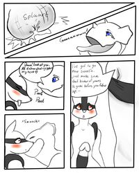 anthro ass blush canine comic cum english_text erection female highres kissing larger_female lucario male mammal nidoqueen nintendo nukenugget orgasm penis pokemon pokemon_(species) red_eyes size_difference slightly_chubby smaller_male text