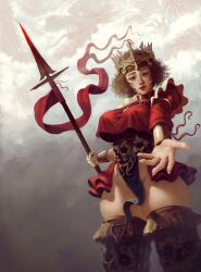 casato crown female loincloth looking_at_viewer smile spear thick_thighs thighhighs weapon
