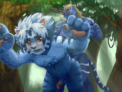 anthro blush couple feline fur furry gay kogenta male nude onmyou_taisenki precum rangetsu tear tiger