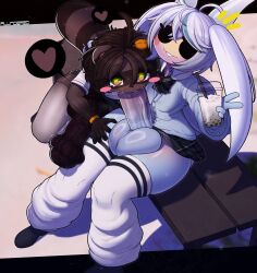 2futas absolute_territory absurd_res ahoge animal_genitalia animal_penis anthro aquatic_gastropod balls bench beverage big_balls big_penis blush blush_stickers bottomwear breasts bubble_tea canid canine clothed clothing cum_in_cup duo equine_genitalia equine_penis erection eyelashes fellatio footwear furry futa_on_futa futanari gastropod genitals gesture hair hand_gesture hand_on_head hand_on_leg hand_on_thigh heart_symbol hi_res holding_object huge_cock hung_bottom intersex intersex/intersex leaf looking_at_viewer mammal marine markings mismatched_animal_penis mismatched_genitalia mismatched_penis mollusk oral pattern_clothing penile penis plaid plaid_clothing plundered raccoon_dog school_uniform sea_angel sea_slug sex simple_face skirt slug small_breasts socks star_pupils striped_markings striped_tail stripes tail tail_markings tani_takahashi tanuki thick_thighs twintails_(hairstyle) uniform v_sign vein veiny_penis wide_hips