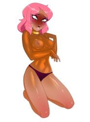 1girls ahe_gao ambiguous_fluids anoneysnufftan asphyxiation bikini_bottom bikini_bottom_only blush blushing_profusely breasts cartoon_network death_piss embarrassed eyes_rolling_back female female_only humiliation imminent_death incontinence killer_lotion lotion mascara_tears mind_break miss_heed_(villainous) necklace nipples oil oiled on_knees orgasm peril pink_eyes pink_hair pink_skin shiny_skin sitting snuff solo stained_panties suffocation sunscreen tan tanned tanned_female tanned_skin tongue_out topless transparent_background villainous wet_panties