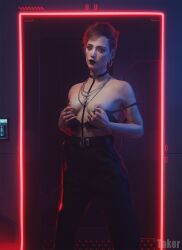 1girls 2025 3/4_view 3d alternate_version_available areolae aurore_cassel black_lipstick bra bra_pull breasts clothed clothed_female cybernetics cyberpunk_2077 detailed_background female female_only flashing flashing_breasts ginger_hair high-waist_pants high_waisted_pants image_set indoors lipstick looking_at_viewer medium_breasts nipples pulled_by_self short_hair solo takerskiy yellow_eyes