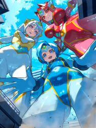 3girls big_breasts blue_hair bodysuit breasts building city female female_only from_below giant_female giant_woman giantess koharuno_silk looking_at_viewer moroboshi_tsubomi nikunopengin ootori_vivienne red_hair smiling smiling_at_viewer superheroine tight_suit ultimate_girls white_hair