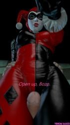 1girls 3d 3d_(artwork) artist_name batman:_arkham_knight batman_(series) blue_eyes bodysuit clothed clothed_female cock_between_thighs cock_in_face cuck_pov cucking dc dc_comics dialogue english_text female female_focus fully_clothed hand_on_another's_head hands_on_another's_hips harley_quinn harley_quinn_(classic) jail_cell leather_outfit light-skinned_male looking_at_viewer makeup male partial_male penis smiling source_filmmaker straight straight_sex submissive_pov text thigh_sex venomous_sausage villain villainess