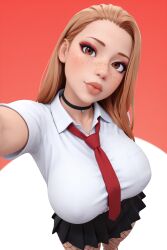 1girls 3d 3d_(artwork) ai ai_generated big_ass big_breasts blonde_hair breasts busty button_down_shirt female fishnets long_hair pleated_skirt radnsad sindy(oc) solo solo_female solo_focus thick_ass thick_thighs tie
