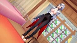3d arlecchino_(genshin_impact) asphyxiation bad_end barefoot bondage breasts breasts_out death execution female genshin_impact guro hanged koikatsu noose snuff white_hair