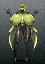 adoptable arrogant arthropod_girl black_sclera black_skin bodysuit breasts breasts_bigger_than_head breasts_out colored_nipples colored_sclera colored_skin female gigantic_breasts green_hair green_skin huge_breasts insect_girl insects insects kinktober large_areolae large_breasts long_hair mantis monster_girl navel nipples red_eyes sad smile solo very_long_hair
