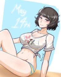 1girls ajcrowned artist_name atlus bikini bikini_under_clothes black_hair blush breasts brown_eyes dated female large_breasts looking_at_viewer navel persona persona_5 sadayo_kawakami sadayo_kawakami_(swimsuit) shirt short_hair solo solo_female solo_focus striped_bikini swimsuit swimwear thick_thighs thighs