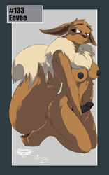 2012 anthro anthro_only big_breasts black_nipples black_nose breasts brown_eyes brown_fur canine closed_mouth collaboration color dickgirl eevee erection fox fur furry furry_breasts furry_tail intersex kneeling looking_back mingchee nipples notorious84 nude open_eyes penis pinup plain_background pokemon pokemon_(species) pokemorph side_view solo species_name tail the_pokedex_project uncensored