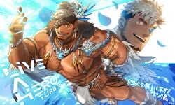 1boy abs armband arms_up artist_name bandana bara beard beefy belt biceps big_areola big_breasts big_bulge bird_hat black_hair blue_background bone_hair_ornament breasts bulge bulge_through_clothing daddy dark_skin dilf eyepatch feather_hair feather_hair_ornament feathers flaccid flower_petals fur gay genital_outline hand_on_leg headwear hi_res high-angle_view hunk jewelry laugh legband live_a_hero loincloth looking_at_viewer looking_up male male_breasts male_only manly mature_male multicolored_hair muscles muscular muscular_arms muscular_legs muscular_male muscular_thighs navel necklace no_body_hair nullqllun oppai pecs pelvic_curtain petals practically_nude quadriceps red_eyes short_hair sideburns six_pack skimpy solo sparkles standing string tattoo tattoo_on_legs tattooed_arm text thick_arms tooth_necklace topless tough_guy tribal tribal_clothing tribal_jewelry tribal_markings tribal_tattoo triceps turbak two-tone_hair unofficial veiny_arms web white_hair wristband yaoi