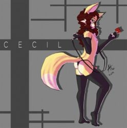 1boy aloci anthro anus ass canine cecil collar condom elbow_gloves english_text erection eyewear fennec fox fur furry glasses gloves leash long_hair looking_at_viewer male male_only nipples penis skimpy smile solo stockings text thong topless