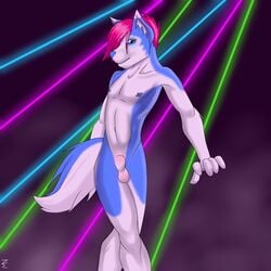 anthro balls blue_fur canine cute dancing fur furry furry_only girly hair lasers male male_only milo_nettle nipple_piercing nipples nude piercing pink_hair rave sheath smoke solo