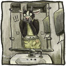 1:1 anthro balls bathroom black_body black_fur bottomwear bovid bovine cattle clothing digital_media_(artwork) embarrassed exclamation_point facial_piercing fur genitals glans hi_res horn humanoid_genitalia humanoid_penis kittee_mortis male mammal mirror mirror_reflection nose_piercing penis piercing pink_glans pubes public public_restroom reflection septum_piercing shirt shocked shorts sink solo tank_top topwear translucent translucent_clothing wardrobe_malfunction