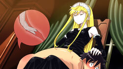 1boy anal anal_fingering bent_over black_dress blonde_hair blush bridal_gauntlets brown_hair chair closed_eyes clothed_female_nude_male clothing color dress elbow_gloves female femdom fingering gloves hair hand_on_head highres hime_(kaibutsu_oujo) hinoki hiyorimi_hiro human kaibutsu_oujo lolita_fashion long_hair male nude princess_resurrection prostate_milking red_ass short_hair sitting smirk straight sweat tiara x-ray