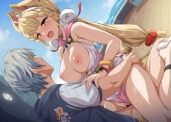 1boy 1girls alice_thymefield alice_thymefield_(sea_of_thyme) animal_ears aroused bar_censor blonde_hair blue_sky breasts censored clothed_sex cloud commentary_request day dutch_angle female grey_hair hair_ornament heterochromia hug human human_male kemonomimi large_breasts light-skinned_female long_hair looking_pleasured low_twintails male marugoshi_(54burger) my_lady nipples ocean official_alternate_costume open_mouth outdoors pussy rabbit_ears rabbit_girl red_eyes sex short_hair short_sleeves sky slim_waist sphere_hair_ornament straight swimsuit thighs tongue twintails vaginal_penetration variant_set video_game_character wise_(peaceful_waves)_(zenless_zone_zero) wise_(zenless_zone_zero) yellow_eyes zenless_zone_zero