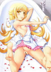 ass ayato bare_shoulders barefoot bathtub blonde_hair blush breasts censored cute_fang dress female highres long_hair looking_at_viewer looking_back lying monogatari_(series) nipples nisemonogatari no_panties oshino_shinobu petals pointless_censoring pointy_ears pussy ribbon sideboob small_breasts smile solo yellow_eyes