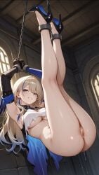 1girls ai_generated ankle_cuffs armpits arms_up ass black_shoes blonde_female blonde_hair blonde_hair_female blue_eyes blue_hair bottomless breasts calves chained chained_up chained_wrists chains cleavage collar commentary_request cuff_(restraint) cuffs dungeon earring eyelashes female female_only gloves grin hair hair_between_eyes handcuffs hanging_from_ceiling high_heels honkai:_star_rail honkai_(series) hoyoverse kneepits legs legs_up lia_the_busty_redhead long_hair looking_at_viewer mihoyo pussy pussy_juice seductive seductive_smile self_upload serval_landau shoes sideboob smile smile_at_viewer smiling_at_viewer solo solo_female tagme thighs topwear torn_clothes torn_clothing underboob vagina