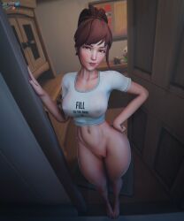 1female 1girls 3d 3d_(artwork) answering_door areola areolae asian asian_female barefoot blender blender_(software) blender_eevee blizzard_entertainment breasts breasts_visible_through_clothing brown_eyebrows brown_eyes brown_hair d.va feet female hana_song hasfeldt highres hips hips_wider_than_shoulders korean korean_female labia labia_majora large_breasts legs legs_together long_legs looking_at_viewer nail_polish nails nails_painted navel nipples no_bra no_panties overwatch overwatch_2 pussy sexy sexy_body shaved_crotch shaved_pussy shirt solo solo_female solo_focus standing_in_doorway thighs toes wide_hips