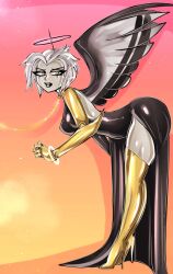 1_arm amazon_prime amputee angel angel_girl angel_wings angry_face ass bitterbunz black_dress black_halo breasts cartoon chains collar female golden_collar golden_heels golden_leash halo hazbin_hotel hazbin_hotel_(season_2) heel_boots hellaverse leash leggings lute_(hazbin_hotel) makeup makeup_running mascara mascara_tears mechanical_arm missing_arm power_(angel) robotic_arm short_hair white_body white_hair white_hair_female white_skin wings yellow_eyes